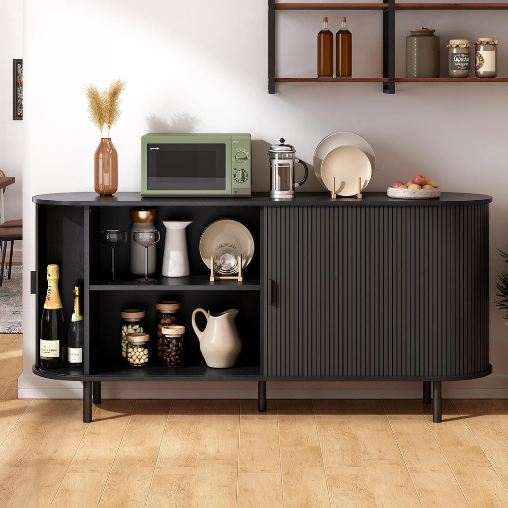 ONBRILL 63" Sideboard Buffet Cabinet, Sliding Door/Adjustable Shelf, Black