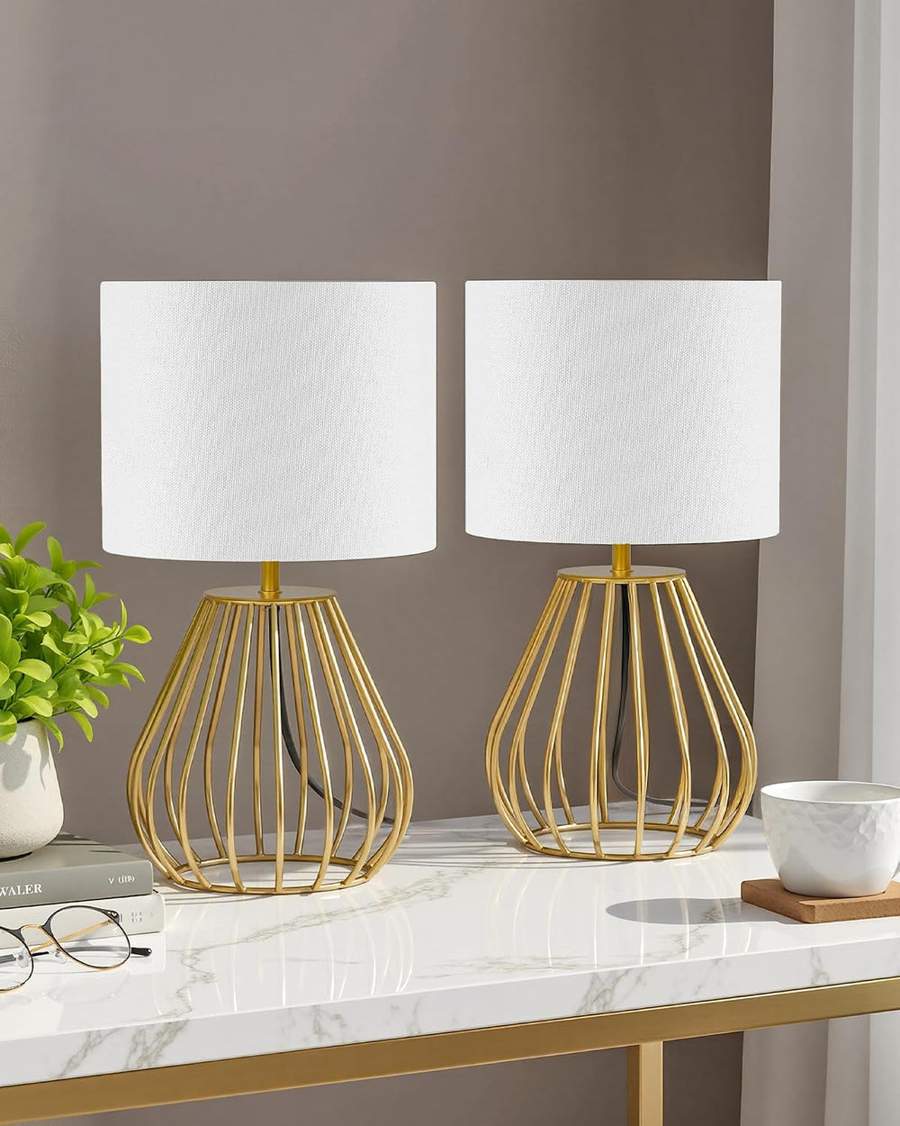 Gold Table Lamp Set of 2, Small Bedside Lamps Set of 2, 2700K LED Bulb Includ...