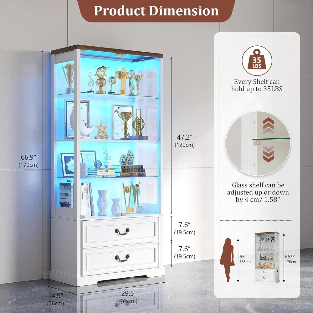 TAGELIER 67" Tall Display Cabinet with Glass Doors and 2 Drawers, White