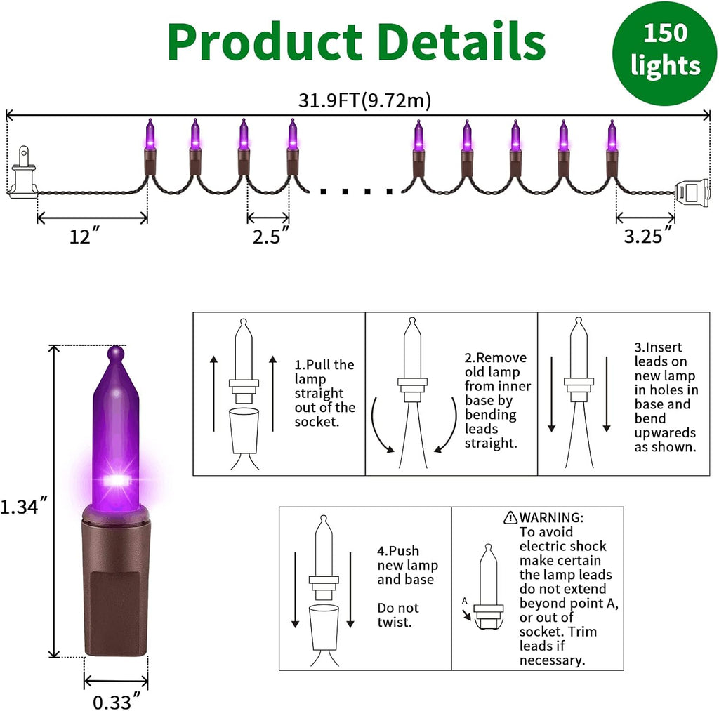 LAMPHOME Purple Halloween Lights, 300 Mini Fairy Lights 63.8ft(2pk of 150L) Halloween String Lighting, Brown Wire Halloween Holiday Décor for Home, Christmas Tree, Bedroom, Patio