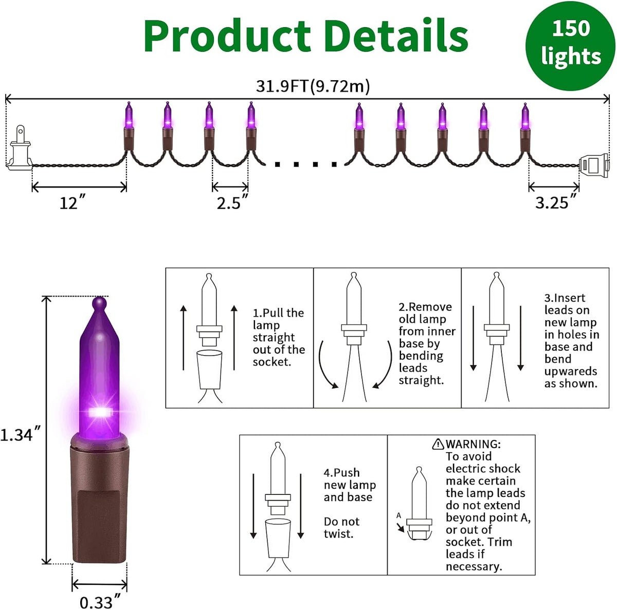 LAMPHOME Purple Halloween Lights, 300 Mini Fairy Lights 63.8ft(2pk of 150L) Halloween String Lighting, Brown Wire Halloween Holiday Décor for Home, Christmas Tree, Bedroom, Patio