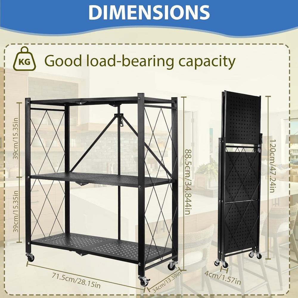 3-Tier Foldable Storage Shelf with Wheels, Metal Collapsible Shelving Unit, R...