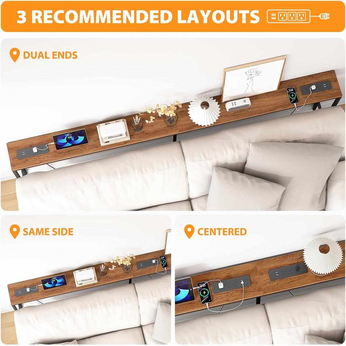 Bathola 80.7'' Behind Couch Table with 2 Outlets, Sofa Tables Narrow Long
