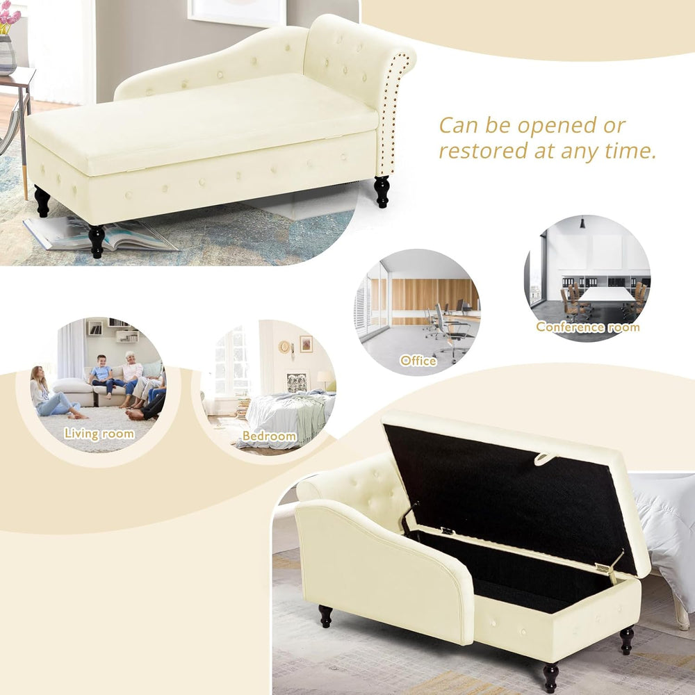Velvet Chaise Lounge w/Right Armrest & Storage Space, Beige