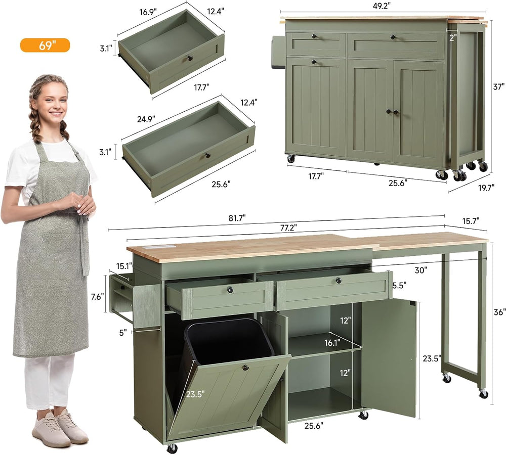 Kitchen Islands with Extendable Dining Table, Mobile Storage Islands, Green
