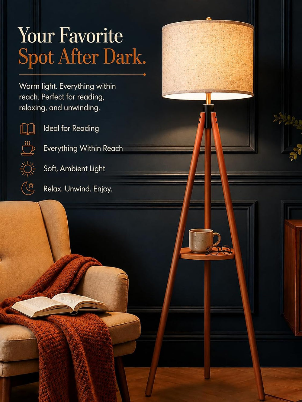 MOFFE Mid Century Solid Wood Tripod Floor Lamp with Tary & Remote Control