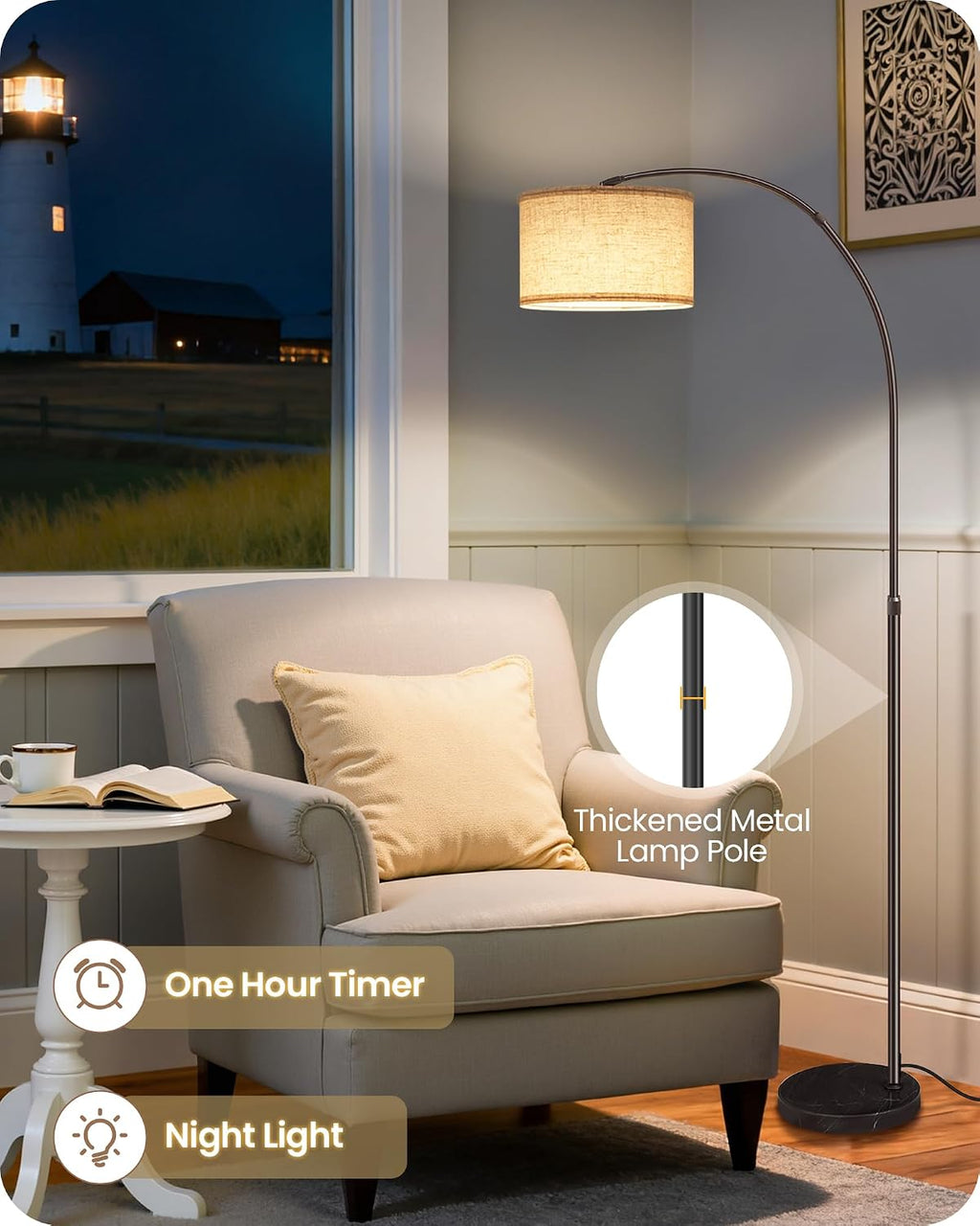 75" Tall Dimmable Arc Floor Lamp with Marble Base, Adjustable Height, Beige