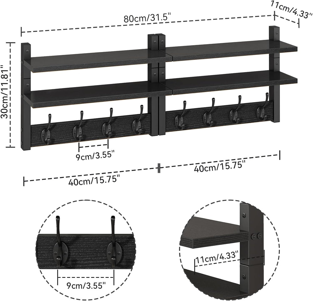 YMYNY Double Shelf Coat Rack Wall Mount with 8 Hooks, Black HWS009B-2