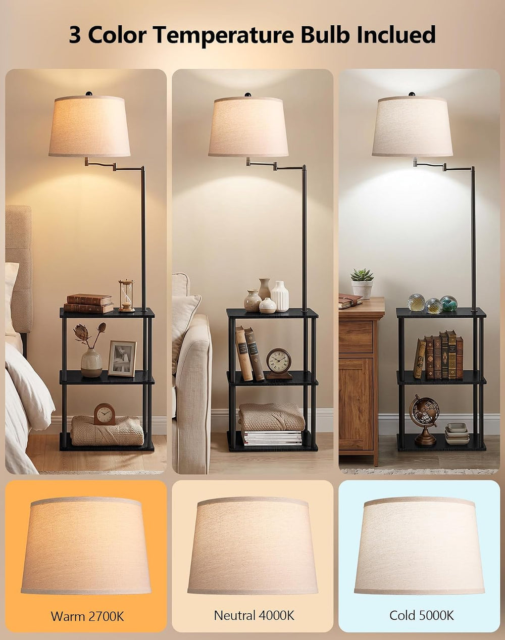 Swing Arm Floor Lamp with Table, Nightstands End Side Table for Living Room