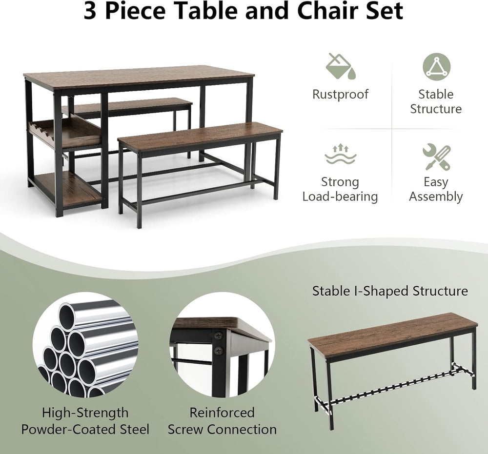 COSTWAY 3-Piece Dining Table Set for 4, Rustic Pub Table with 2 Benches
