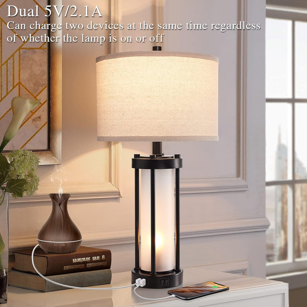 RORIA Set of 2 Modern Table Lamps for Living Room with 2 USB Ports, White Fro...