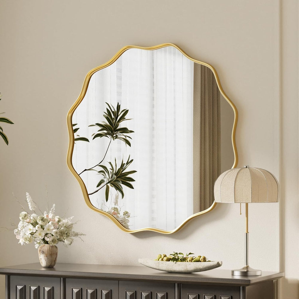 VooBang Gold Scalloped Circle Mirror, 20" Wavy Edge Round Wall Mirror