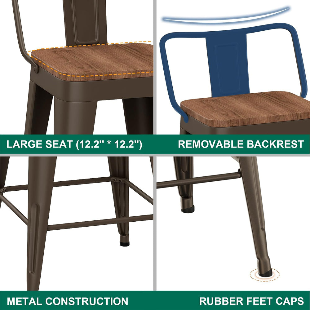 WENTMENT Industrial Rusty Bar Stools Set of 4, 24" Counter Height, Woode...