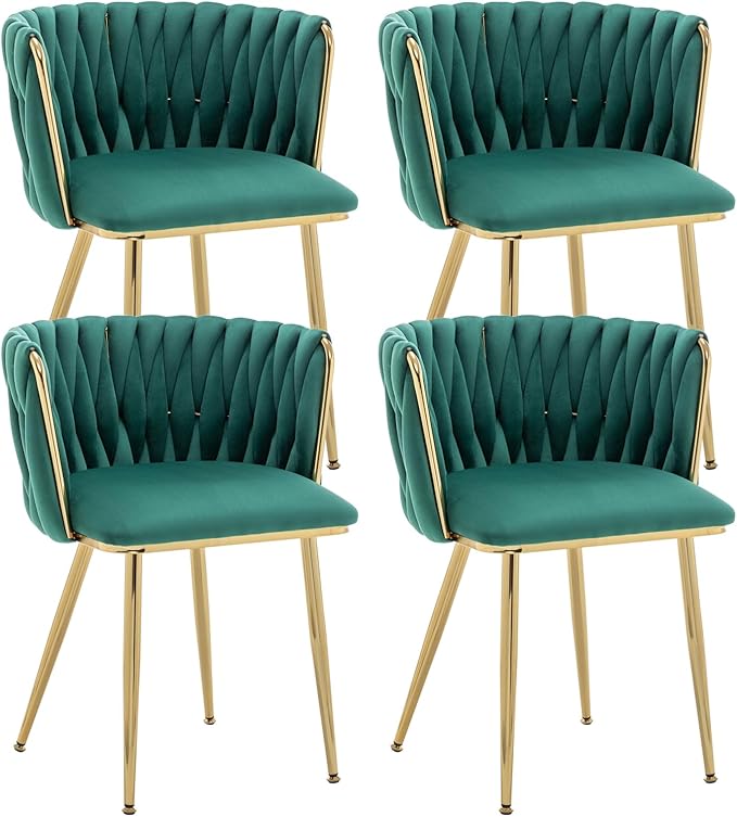Kiztir Green Velvet Dining Chairs Set of 4 Upholstered Modern Dining Room Chairs with Woven Back and Gold Metal Legs for Living Room, Bedroom, Kitchen