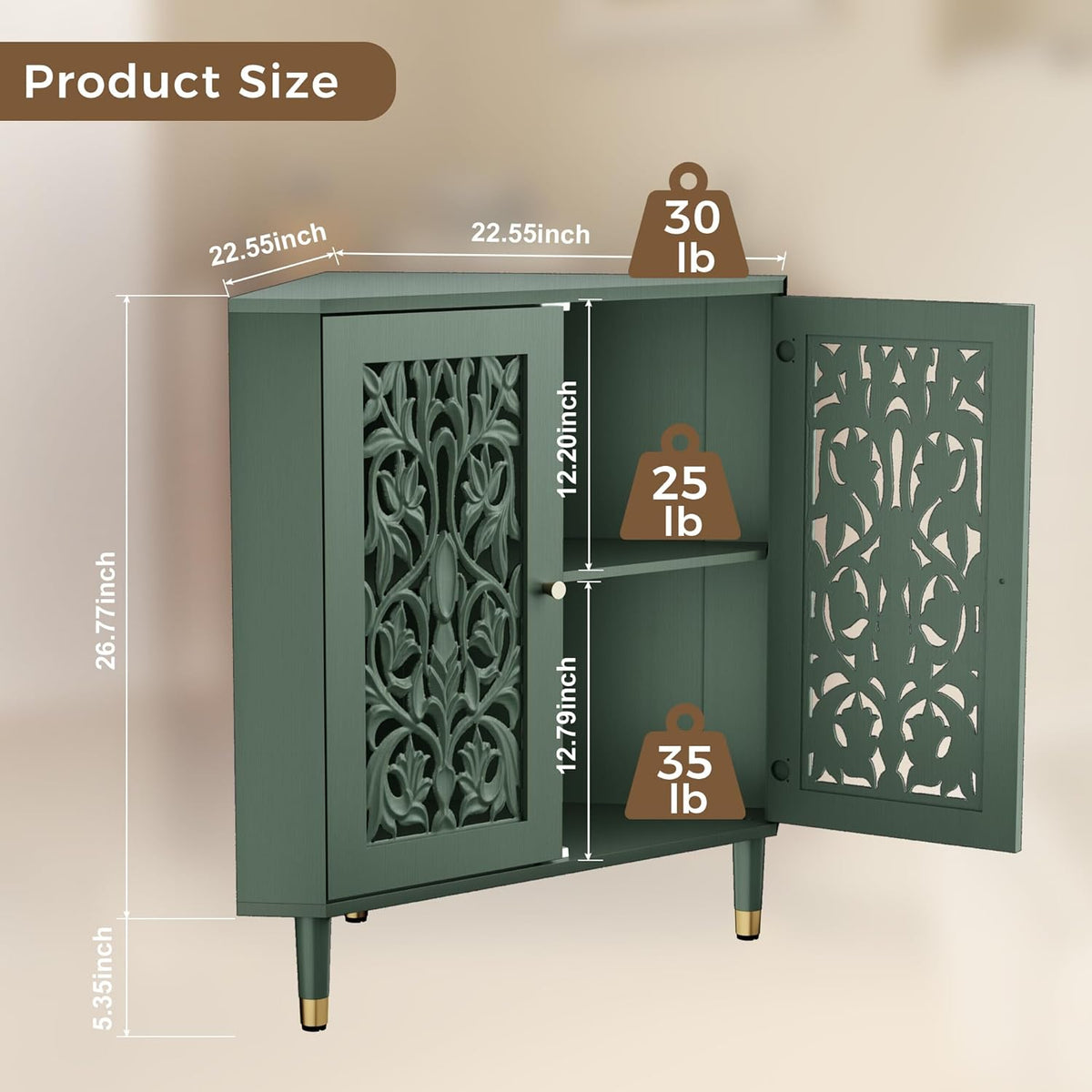 3More Retro Hollow Carved 2-Door Accent Corner Storage Cabinet Green