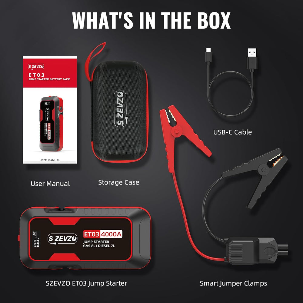S ZEVZO ET03 Car Jump Starter 4000A Jump Starter Battery Pack for Up to 8.0L ...