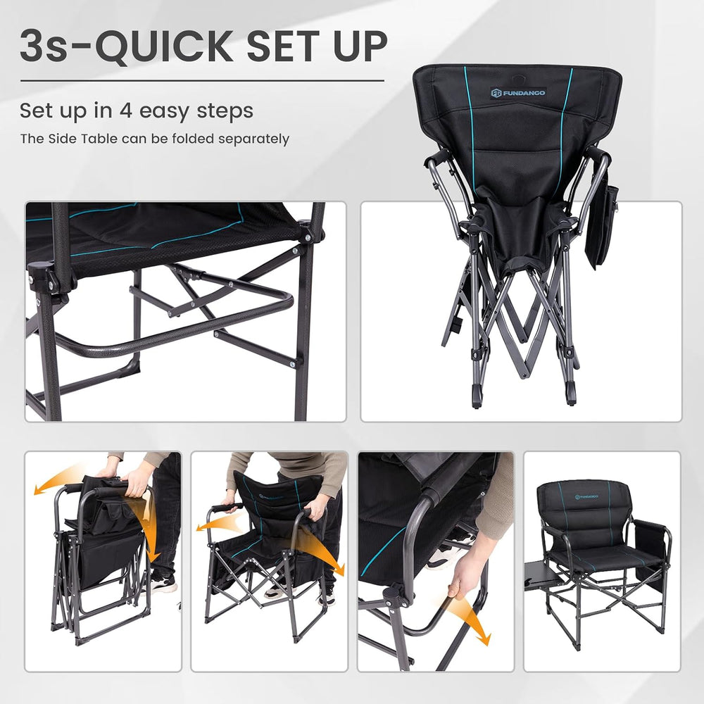 FUNDANGO Oversized Director Chair,Padded Camping Chair with Side Table