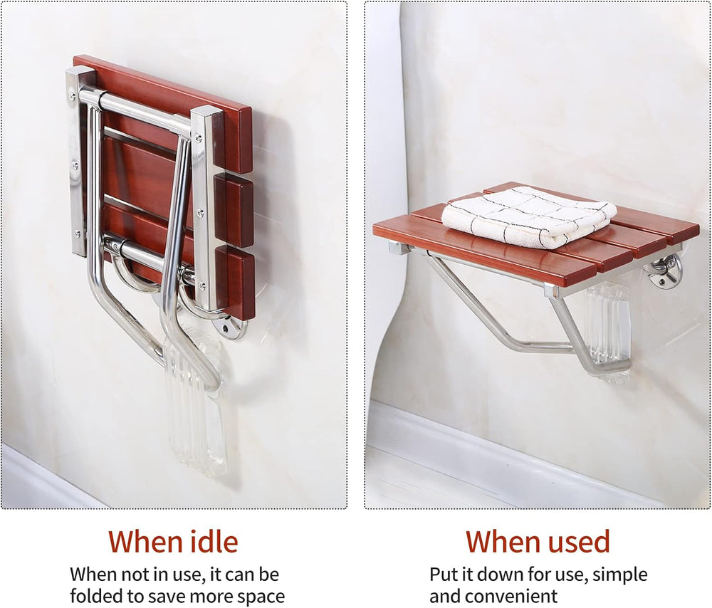 Folding Shower Seat Wall Mounted, Teak Wood, 15'' Foldable Shower Chair