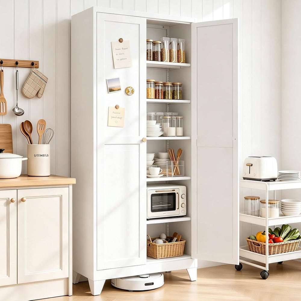 75" White Metal Pantry Cabinet with Doors & 5 Adjustable Shelves