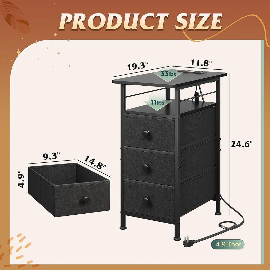 WLIVE Night Stand with Charging Station, End Table with 3 Fabric Drawers