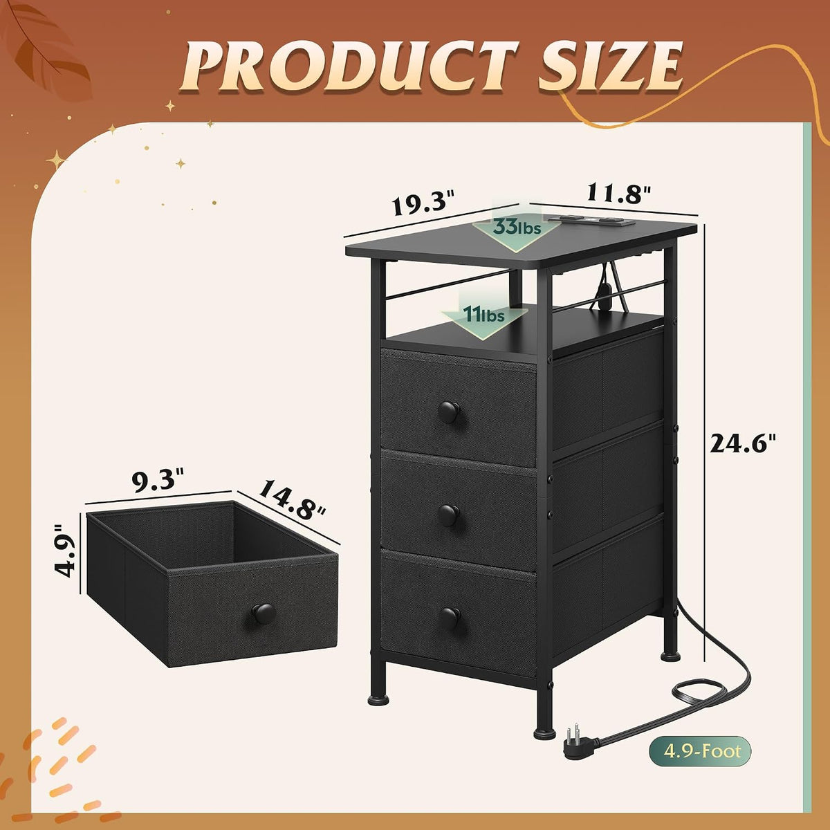 WLIVE Night Stand with Charging Station, End Table with 3 Fabric Drawers