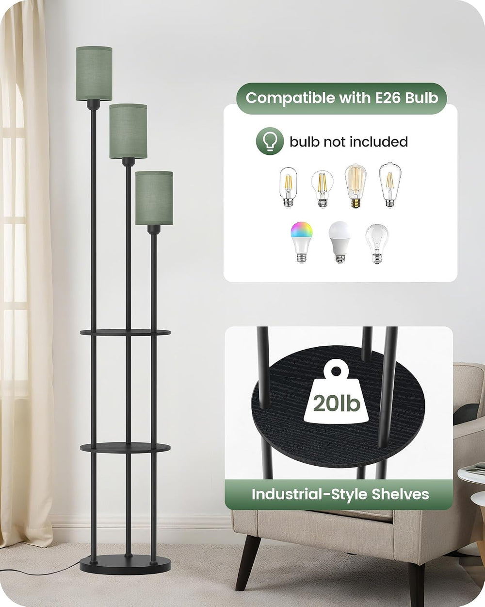 Floor Lamp with Shelves, Modern Floor Lamp with 3 Linen Shades and Foot Switc...