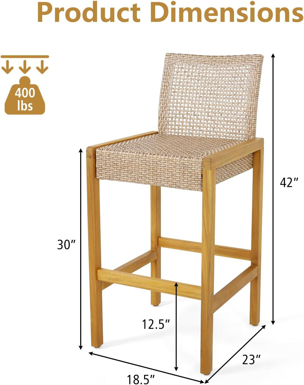 Tangkula Patio Wood Barstools Set of 2, PE Rattan Bar Height Chairs with Backrest, Stable Metal Frame, 400 lbs Max Load, Light Brown PE Wicker Bar Chairs for Porch, Backyard, Balcony (2)