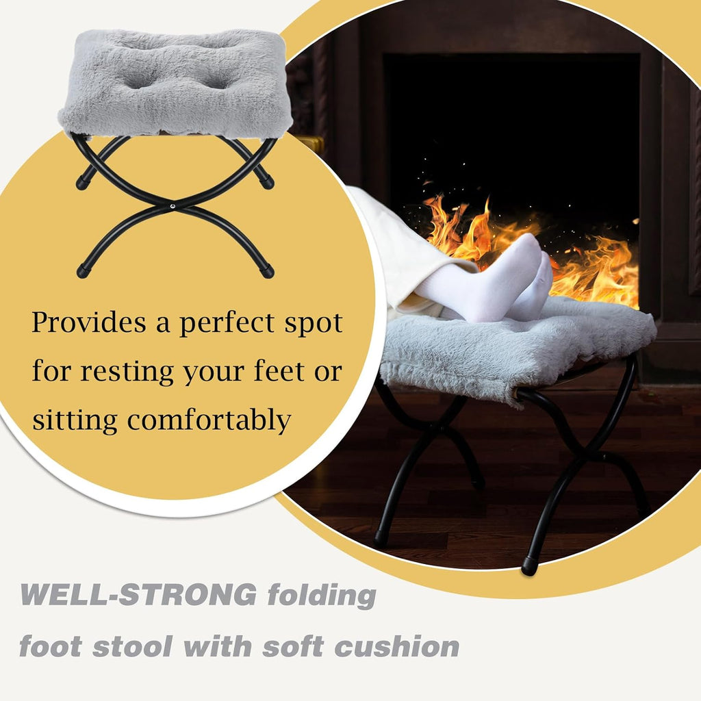 15" faux fur upholstered folding foot rest stool, side view