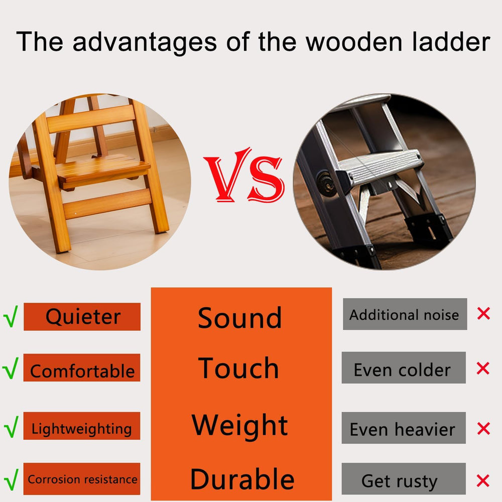 Latifolia Foldable 3 Step Ladder, Wooden Step Stool with Floor Saver, Decorat...