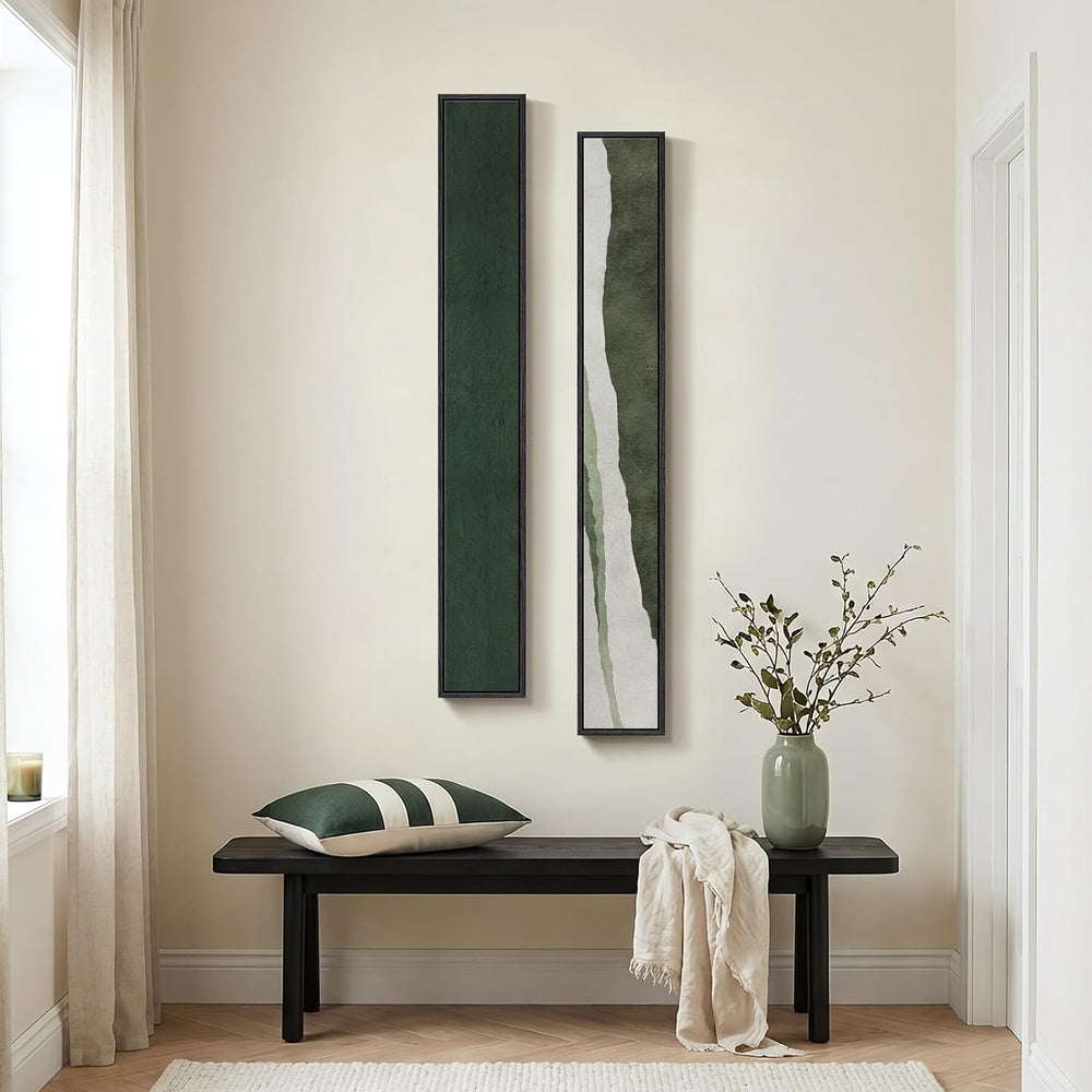Framed Green White Vertical Abstract Wall Art Decor for Hallway, 2 Piece