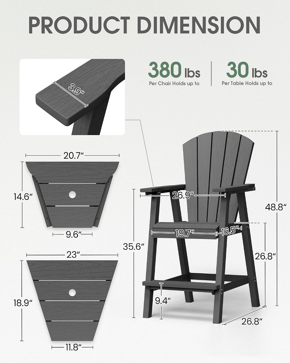 Tall Adirondack Chairs Set of 2 with Table Trays, Dark Grey