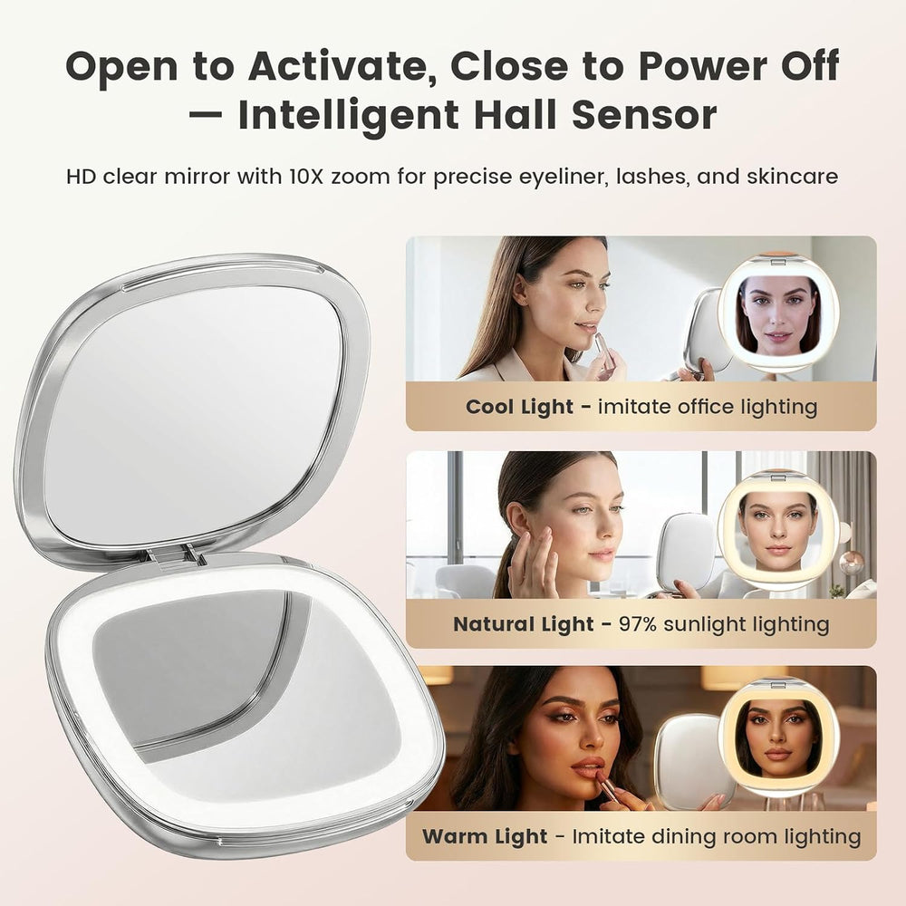 1X & 10X Compact Makeup Mirror, 3 Color Dimmable LED Lighted Travel Mirror