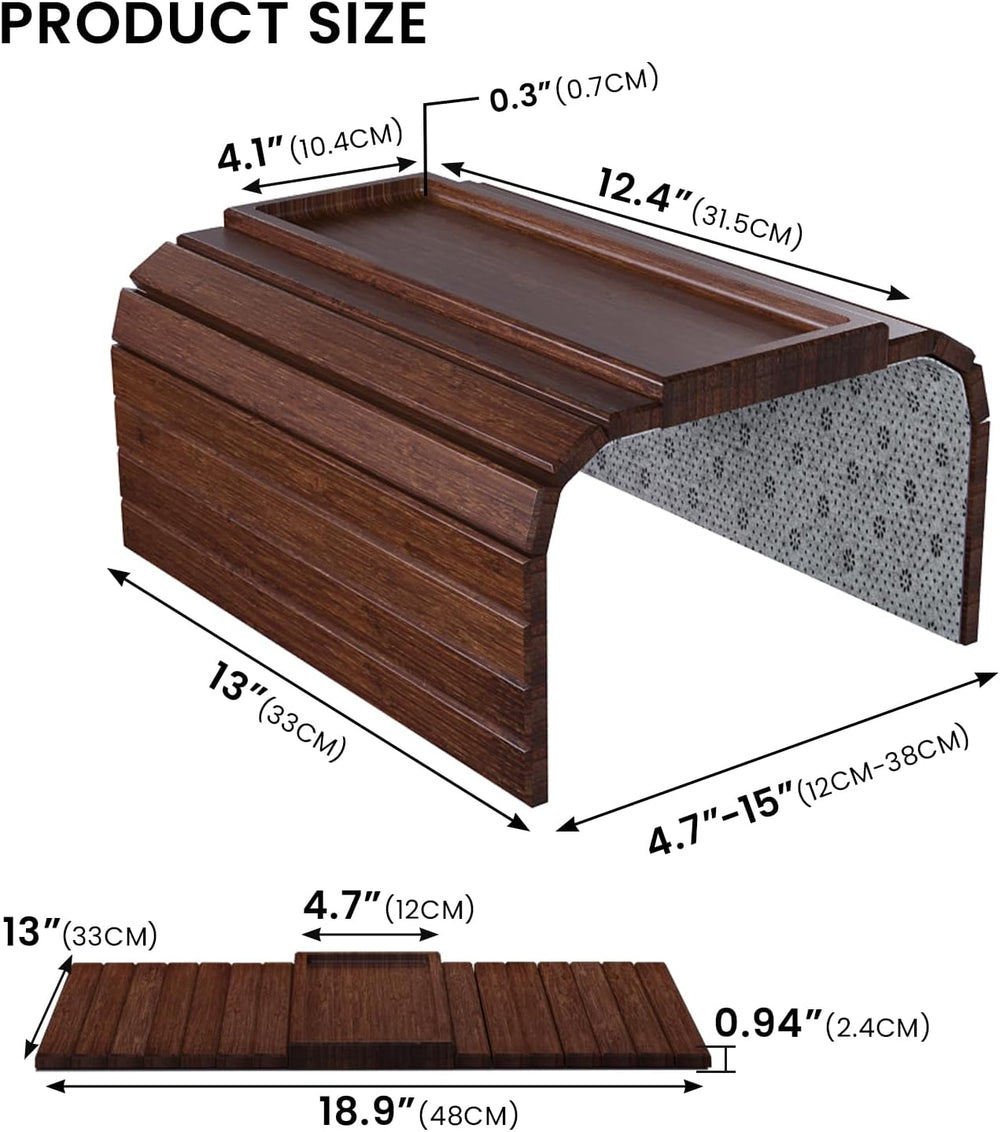 2 Pack Bamboo Folding Sofa Arm Tray with Anti-Slip Pad (Brown)