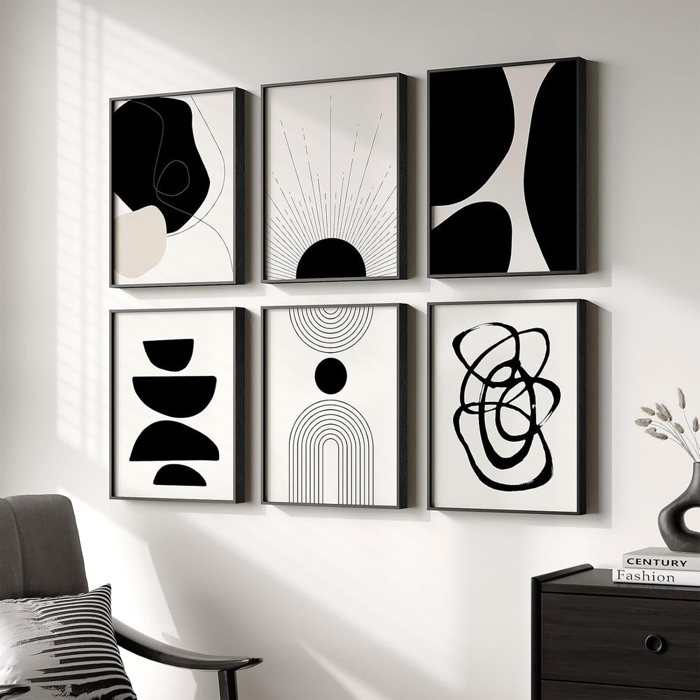 Framed Black and White Modern Abstract Wall Art for Living Room, 6 Pieces