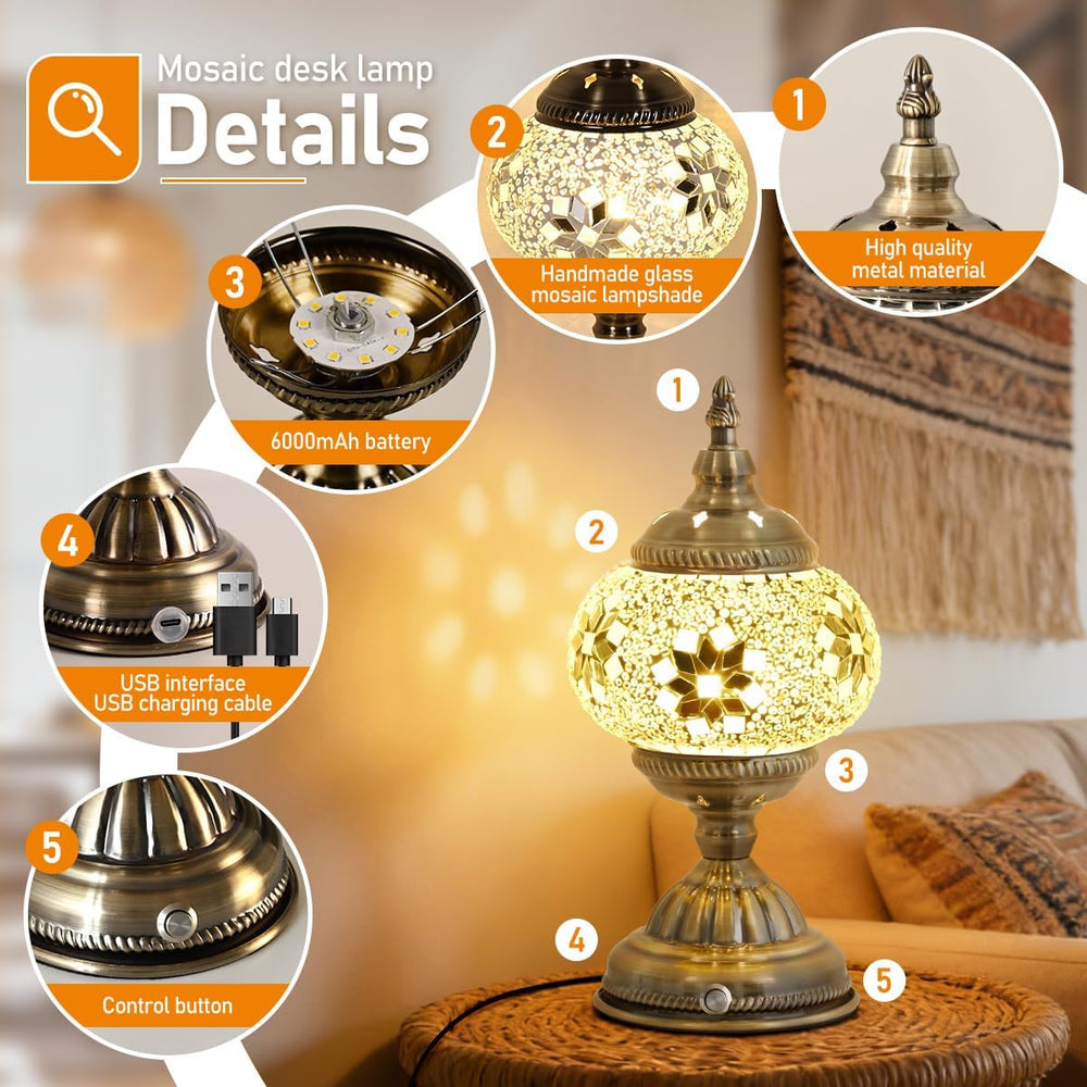 Portable Rechargeable Turkish Bronze Base Table Lamp, 6000mAh