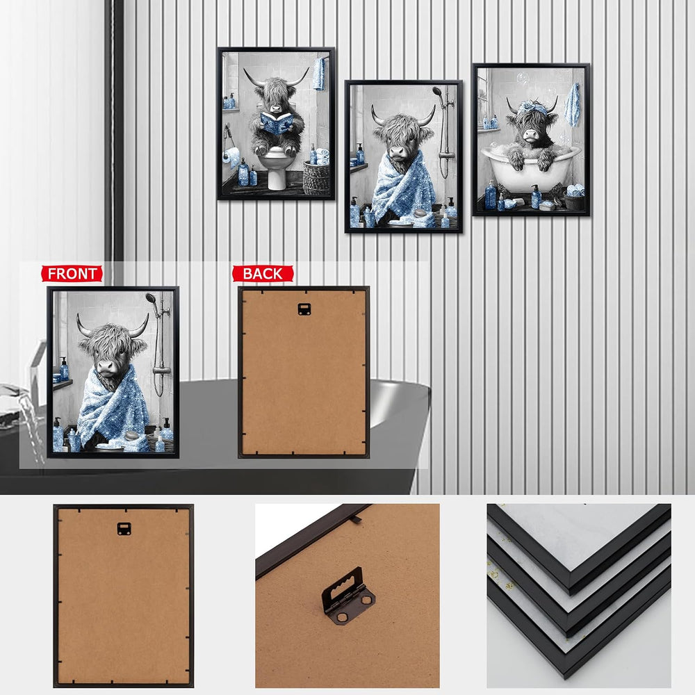 sechars Highland Cow Bathroom Wall Art, Grey and Blue