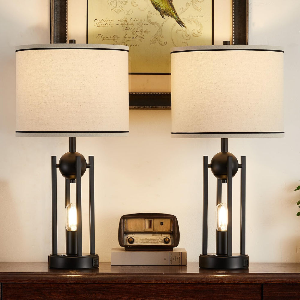 Upgraded Dual-Light Table Lamp Set of 2, USB C+A Ports-Black 25''