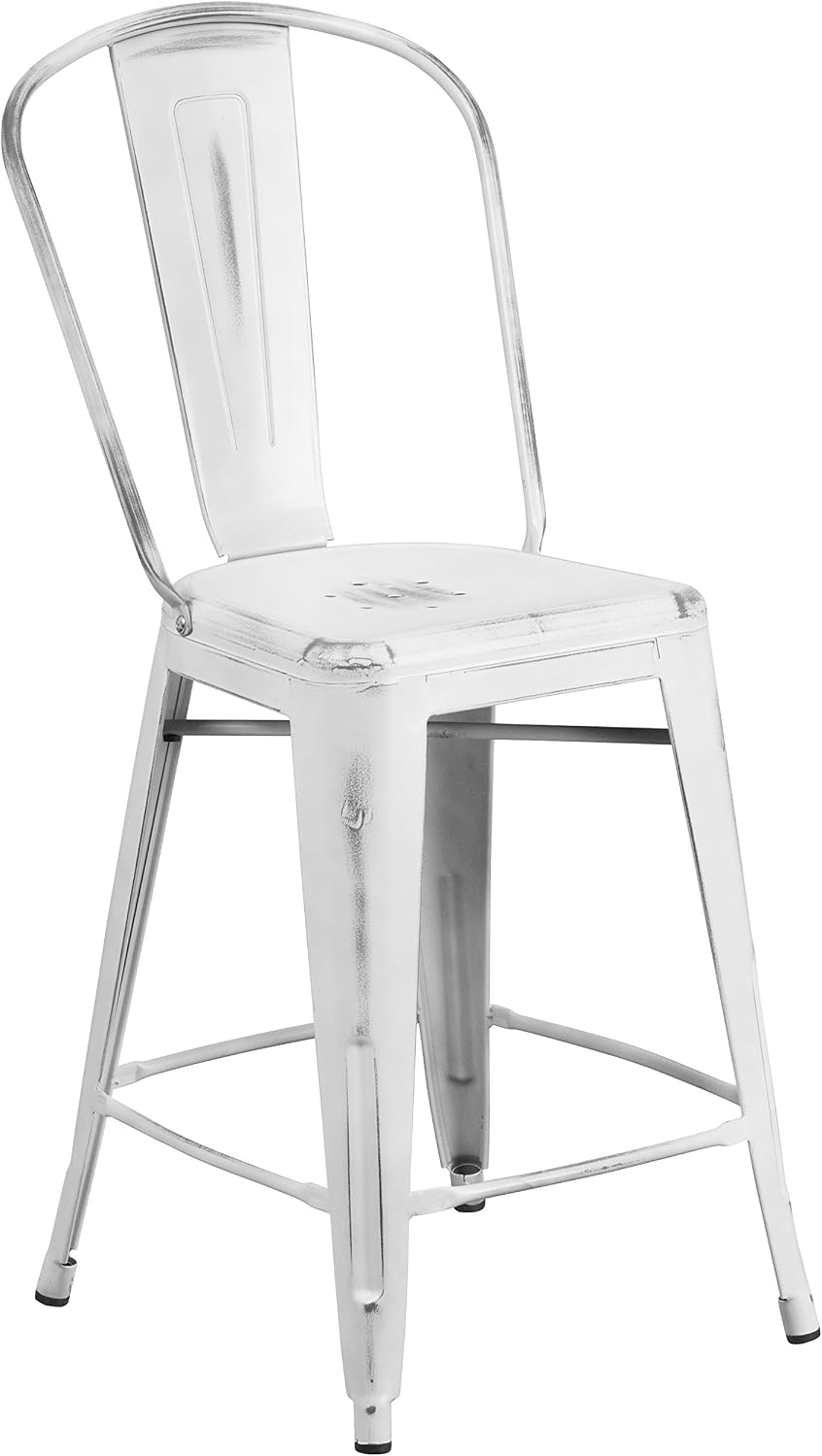 EMMA + OLIVER 24" Distressed White Metal Indoor/Outdoor Counter Stool