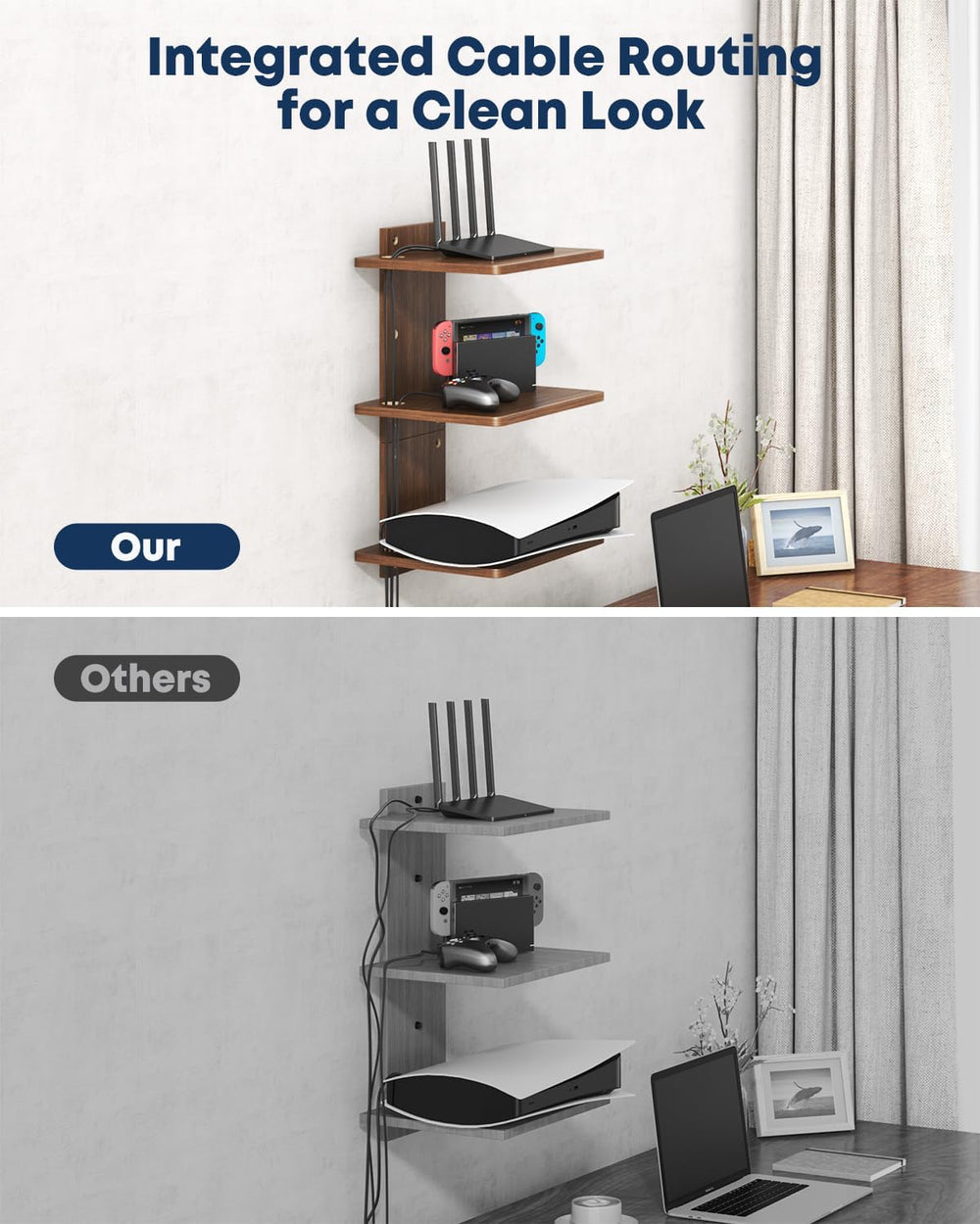 Floating TV Projector Shelf Wall Mount - 3 Tier Wooden Shelf, Walnut Brown