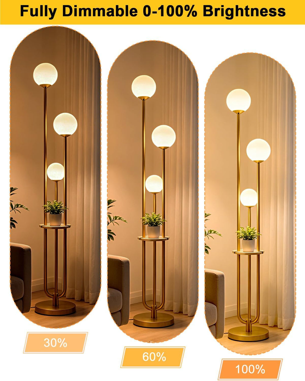 63IN Dimmable Gold Floor Lamp with Shelf Mid Century Standing Lamps with 3000...