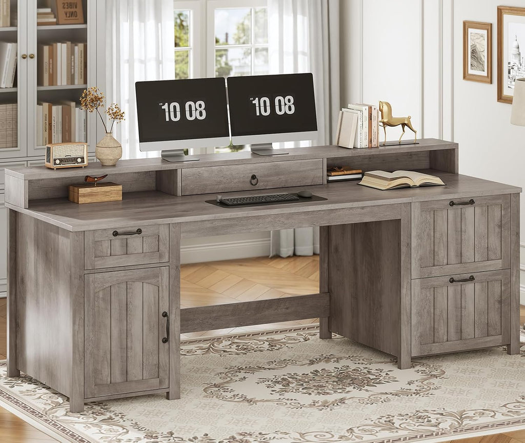 SEDETA 63" Farmhouse Executive Desk with Drawers and Storage Cabinet, Grey