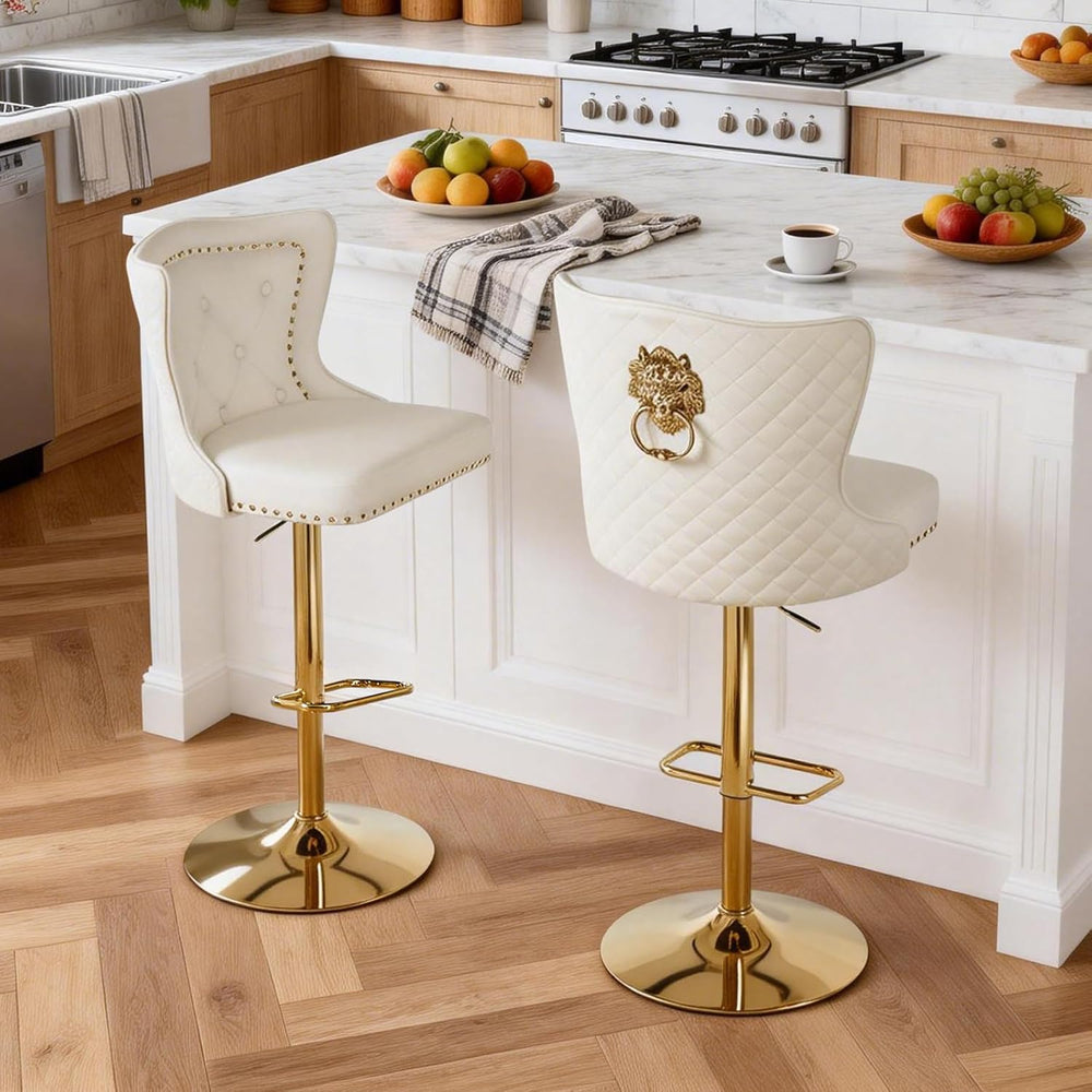 Velvet Swivel Bar Stools Set of 2, Adjustable Bar Height Chairs with Lion Pul...