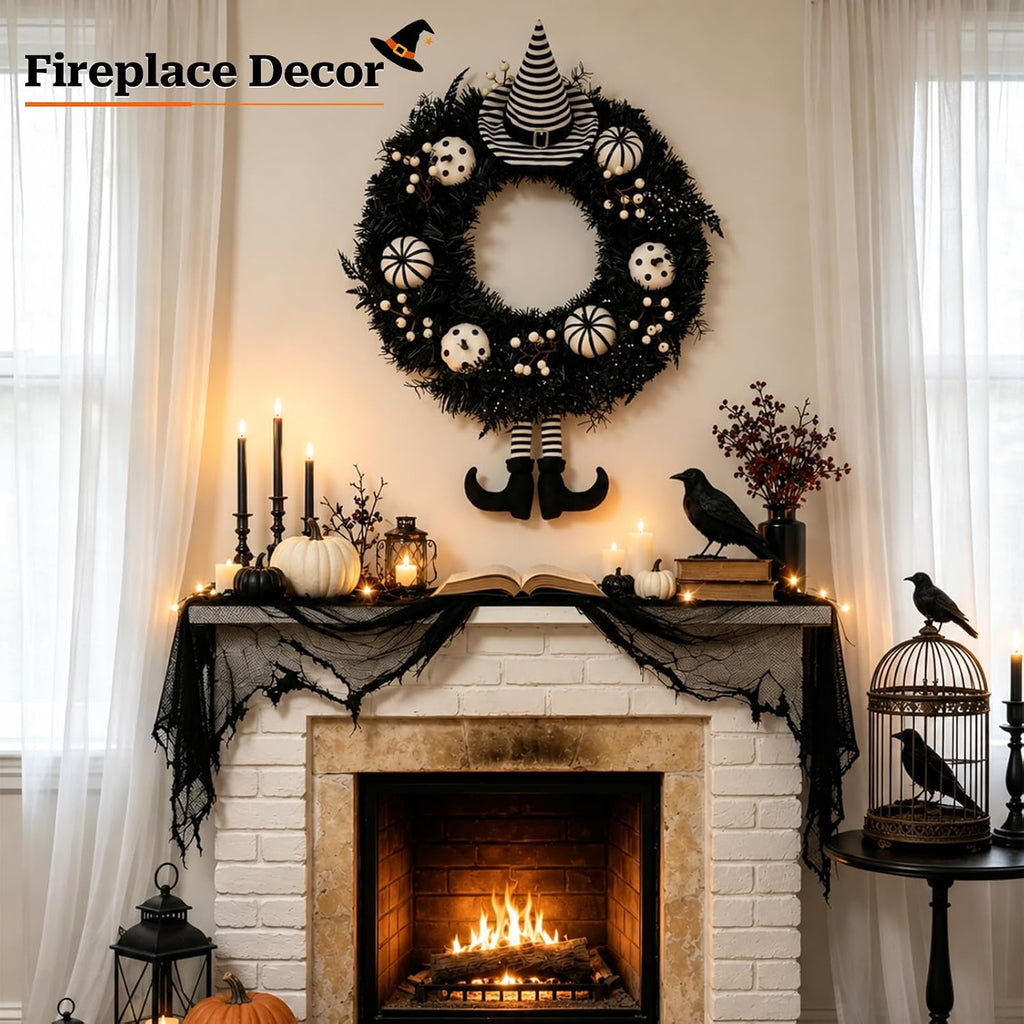 Yangrass 24" Spooky Halloween Wreath for Front Door with Witch Hat & Legs