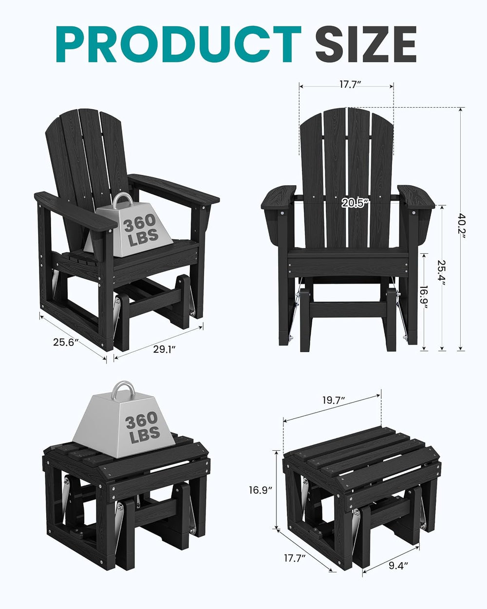 SERWALL HDPE Outdoor Glider with Ottoman Set of 2, All-Weather Patio Glider