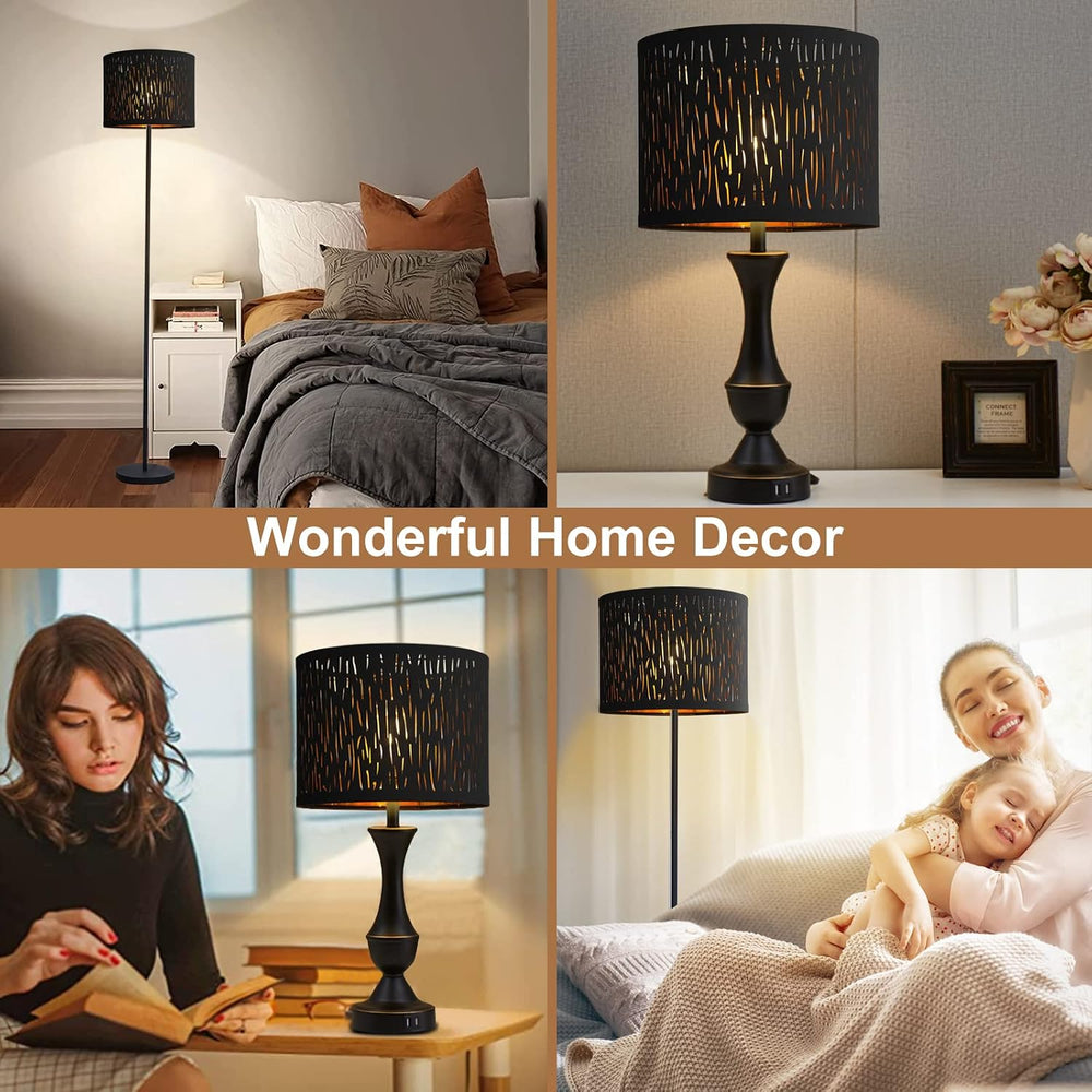 Black Lampshades Set of 2, Drum Lamp shade with Hollow-carved Design