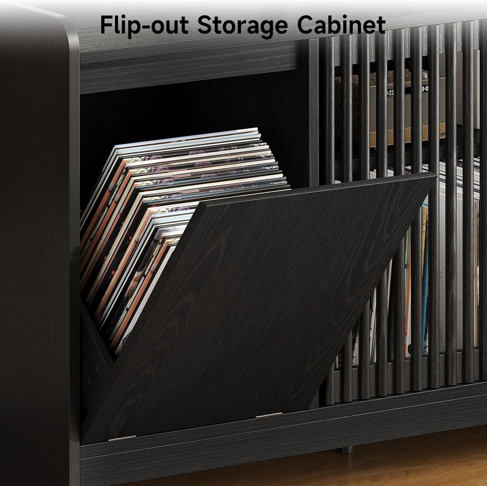 ONBRILL 48" Record Player Stand w/Flip-Out Storage Cabinet, Sliding Door