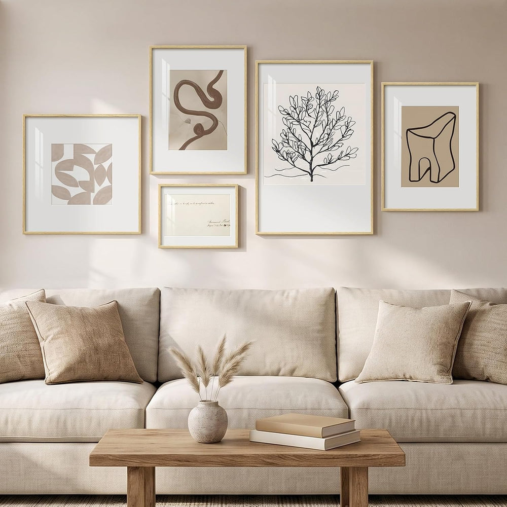 Large Framed Modern Minimalist Neutral Wall Art for Living Room, 5 Piece