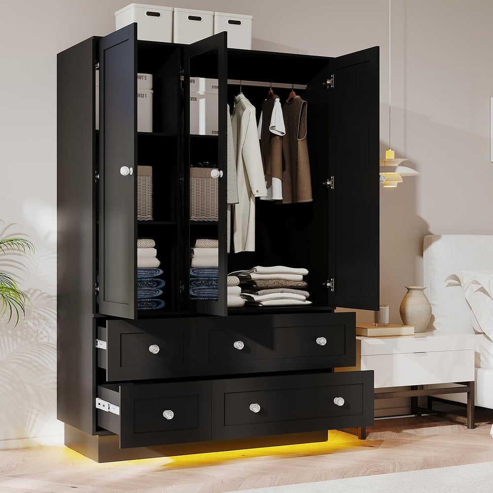 VOWNER Wardrobe Closet with 3 Doors Bedroom Armoire with Mirror & 4 Drawers