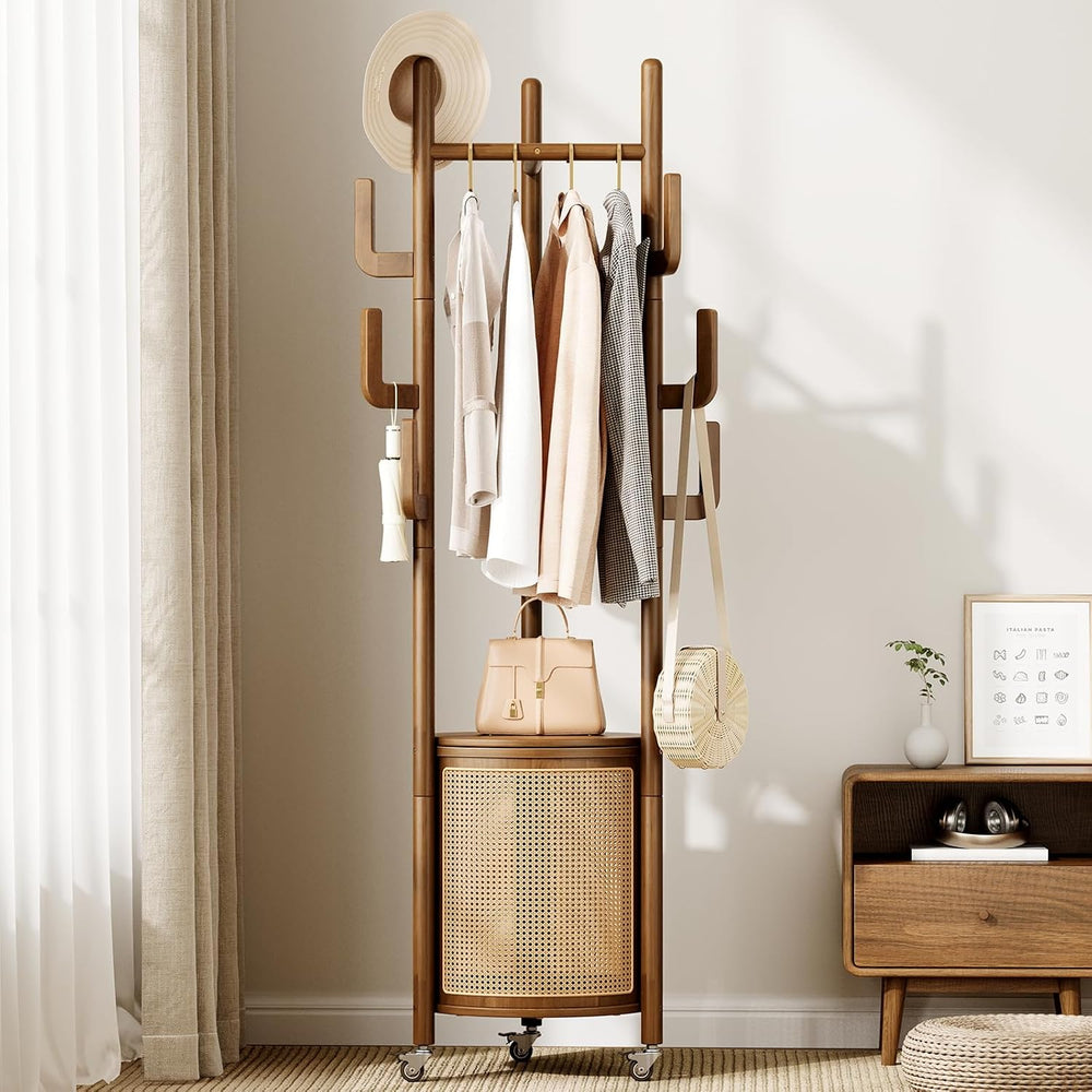 Yoobure Solid Wood Coat Rack - Rolling Clothes Rack with Rattan Basket