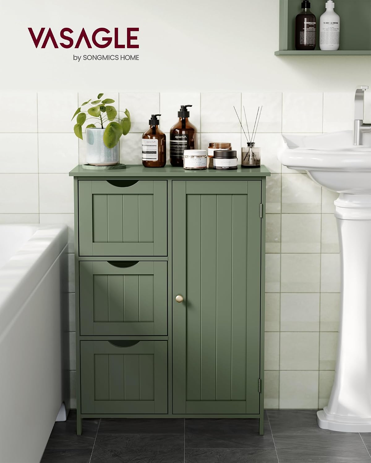 VASAGLE Bathroom Floor Storage Cabinet, 3 Drawers, Forest Green